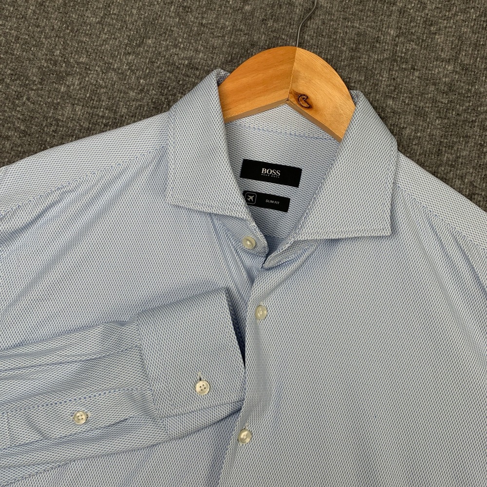 Hugo Boss Performance Shirt Men 16.5 Slim Blue Modern Luxury Travel Italian